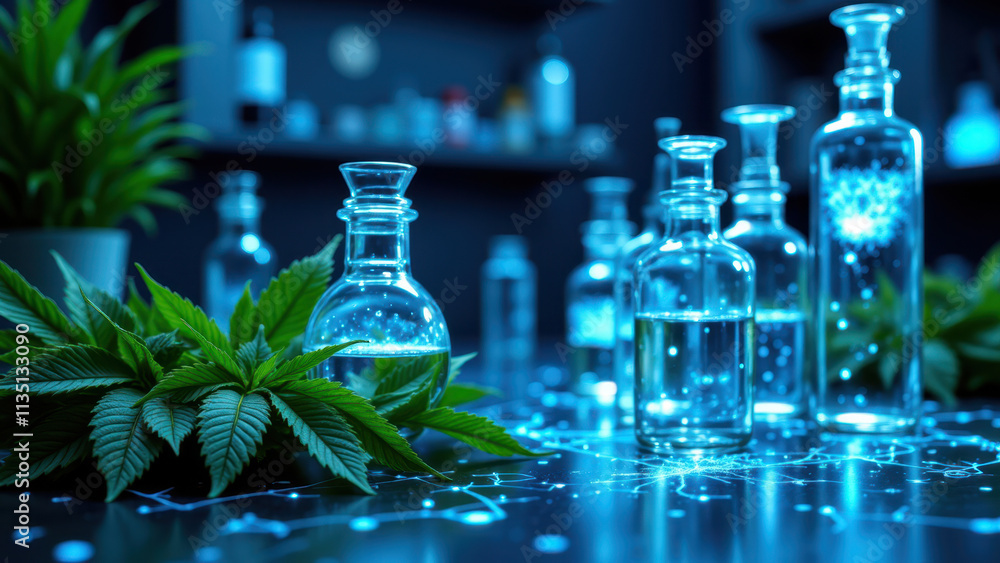 Poster image features a collection of thca crystals along with various glass containers on a lab table agai