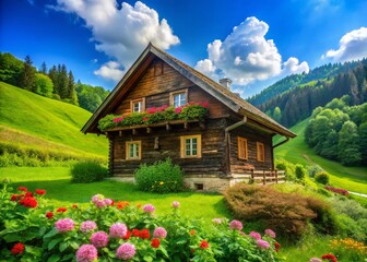 Serene Landscape of a Traditional Wooden House Surrounded by Lush Green Hills and a Clear Blue Sky, Emphasizing the Beauty of Nature and Tranquility