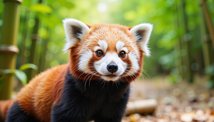 Obraz premium Close encounter with a playful red panda in a serene forest setting