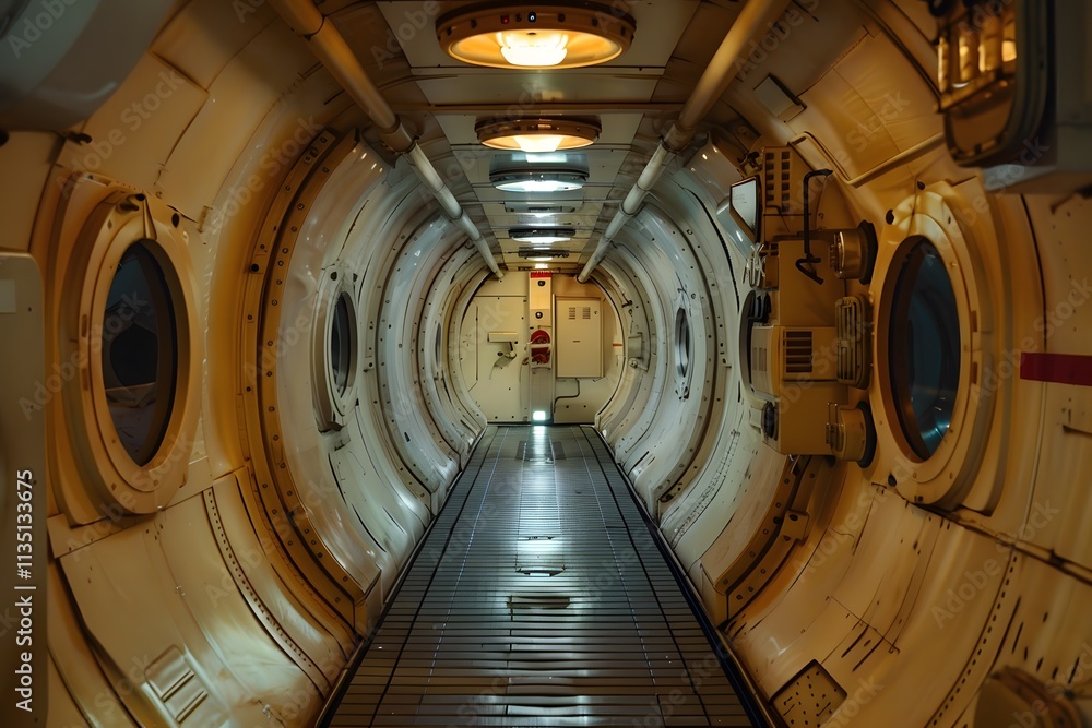 Poster futuristic spacecraft corridor with circular windows and ambient lighting