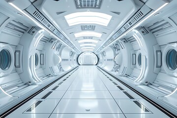 Obraz premium Futuristic Sci-Fi Corridor with Sleek Design and Ambient Lighting