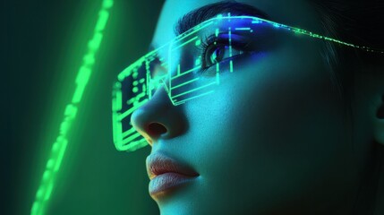 Digital technology metaverse with neon blue and green background, cyber information, abstract speed connect communication, and retro city future meta tech