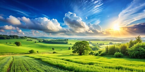 Obraz premium Serene Landscape with Lush Green Fields and a Gentle Blue Sky on the Left Side, Offering Ample Copy Space for Text or Branding, Perfect for Marketing and Design Use
