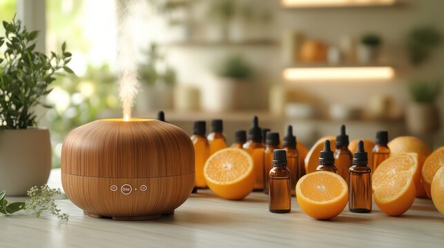 A wooden diffuser surrounded by essential oils and fresh oranges for aromatherapy.