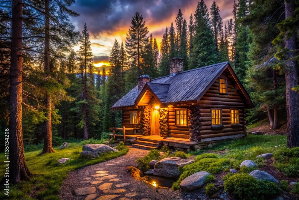 Poster serene log cabin in the woods at dusk with warm glowing lights and soft shadows, inviting atmosphere