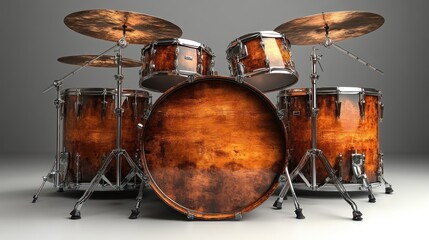 Obraz premium A wooden drum set featuring multiple drums and cymbals, designed for music performance.
