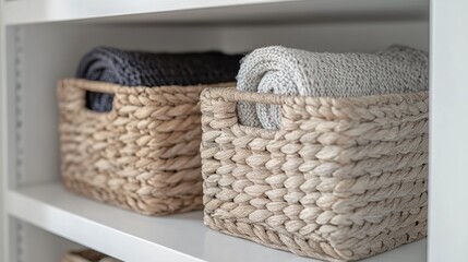 Obraz premium Neatly Organized Blankets in Woven Baskets on a Shelf