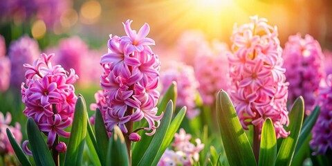 Fototapeta premium Serene Long Exposure of Blooming Pink Hyacinth Flowers in a Sunlit Garden, Capturing the Beauty of Nature and Tranquility on a Clear Day