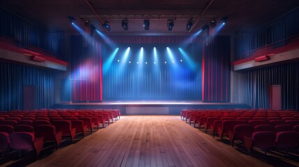 Empty school theater with stage lighting and curtains drawn 