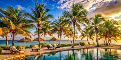 Serene Luxury at Barra Navidad Resort: Stunning Palms and Tranquil Waterside Escape in Mexico&rsquo;s Tropical Paradise with Inviting Loungers and Vibrant Scenery