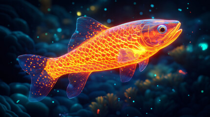 A glowing swimming competition icon featuring a glowing trout, representing online platforms for analyzing aquatic agility.  