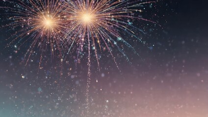 Two bursts of colorful fireworks against a dark, sparkly sky.

