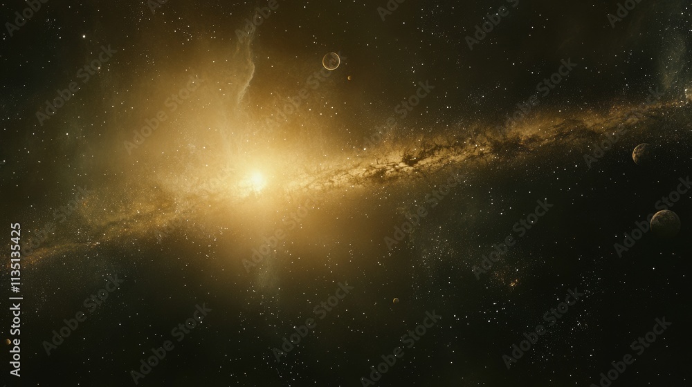 Poster a serene galactic view featuring a glowing star amidst a hazy golden sky, surrounded by distant plan