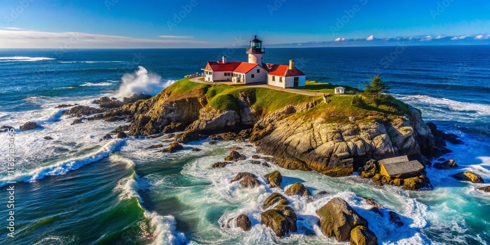 Aufkleber serene minimalist drone view of waves crashing against rugged rocks at battery point lighthouse with