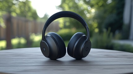 Sleek Black Headphones on Wooden Table, Outdoor Setting