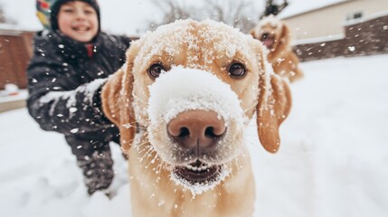 A playful photo of siblings having a snowball fight in their backyard with their dog joining in the fun.