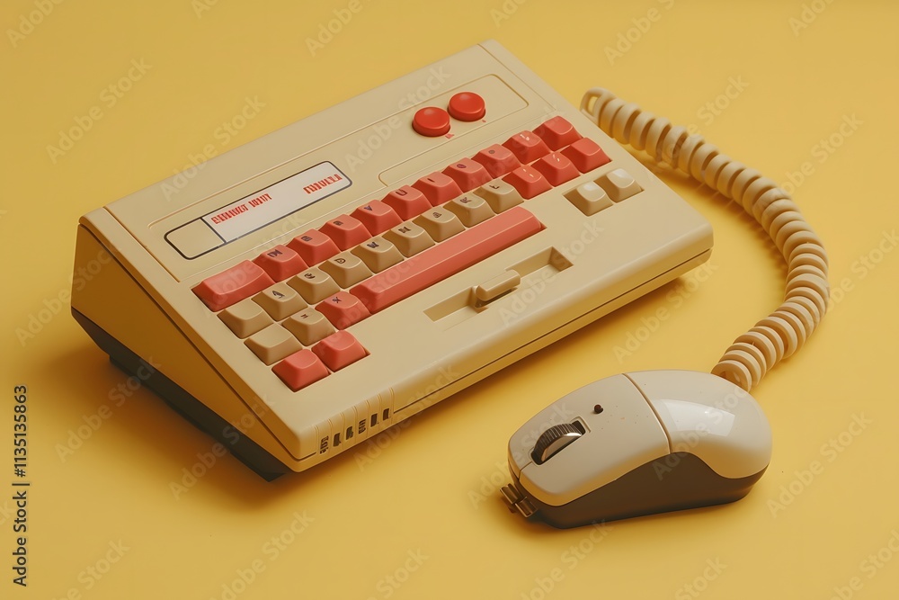 Poster retro computer keyboard and mouse on yellow background
