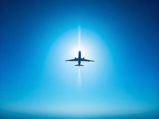 Naklejka premium Serene Minimalist Photography of a Plane Silhouette Against a Clear Blue Sky, Emphasizing Simplicity and Tranquility in Aviation Aesthetics for Stock Image Use