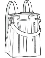 Vintage bucket drawstring backpack flat sketch vector illustration technical cad drawing template