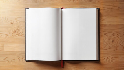 Open blank book on wooden table with red bookmark