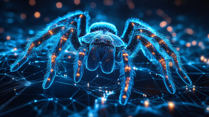 A glowing tarantula icon surrounded by arachnology data, representing online insect research platforms, wildlife education tools, and conservation initiatives. 