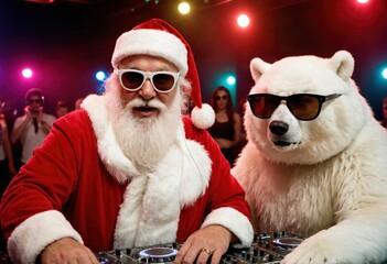 Christmas party, celebration, crazy old Santa Claus with white polar bear in sunglasses as DJs standing at DJ console, singing song and dancing, night club
