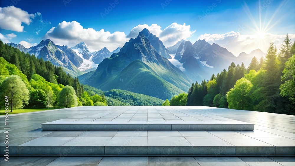 Poster serene mountain landscape featuring a marble platform in the foreground, ideal for nature and archit