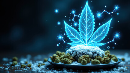A magical scene with a cannabis leaf sprouting from a bowl of THC crystals.