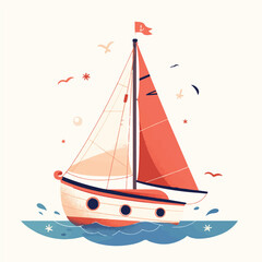 Illustration of a boat in the ocean with a white background