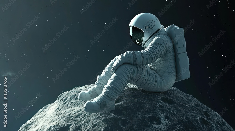 Poster An astronaut sits contemplatively on a lunar-like surface, gazing into space.