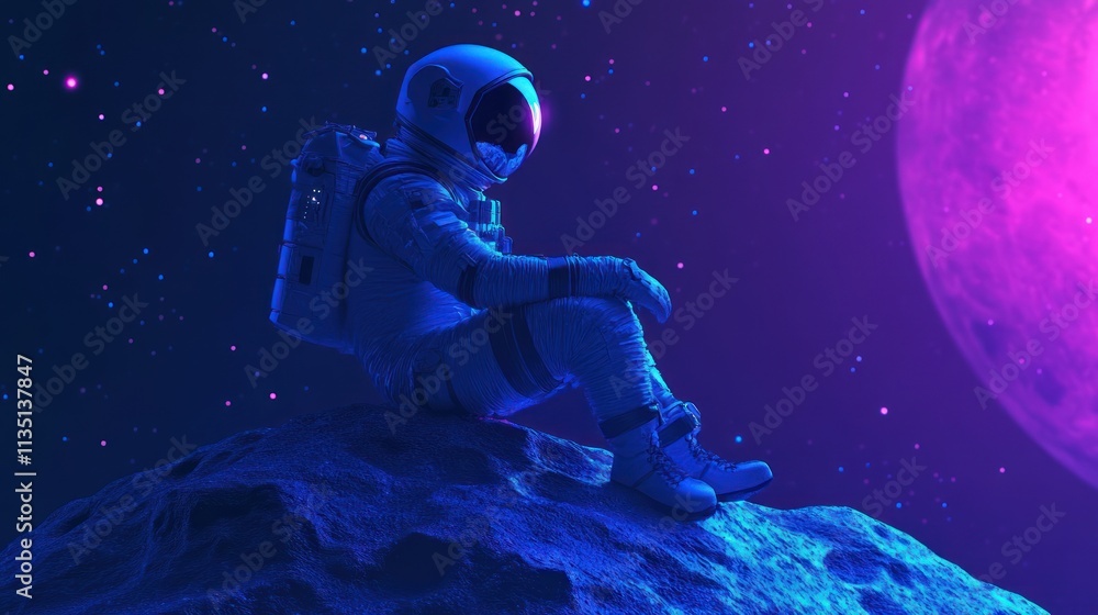 Poster an astronaut sits on a moon-like surface, gazing at a distant celestial body in space.