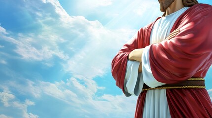 Fototapeta premium Jesus, A statue of Jesus with his arms crossed and a blue sky in the background