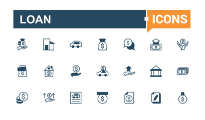 Loan icon set. Includes icons for bank, fund, house, car, increase, money, discount, percentage. Collection for mobile and web apps. Solid line editable vector illustration.