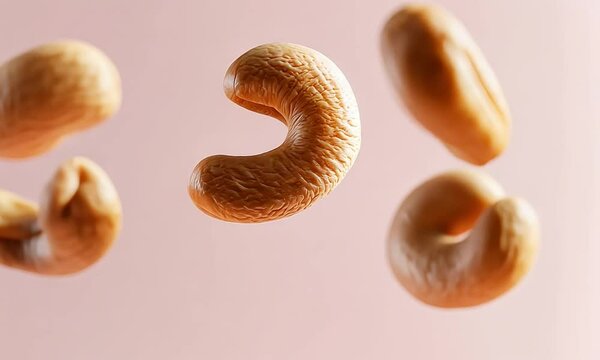 Floating cashew nuts against a soft pink background, highlighting their texture and shape.