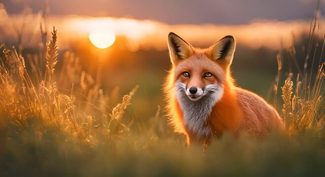 Red fox in grass at sunset close 4K