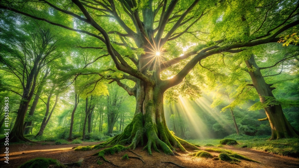 Poster serene panoramic view of a majestic tree surrounded by lush forest with sunlight filtering through t