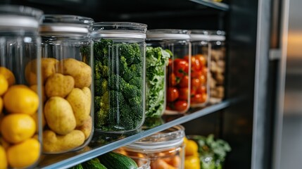 Obraz premium Organized Refrigerator with Fresh Produce in Glass Jars