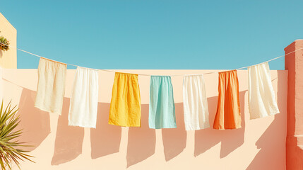 Vibrant carnival flags fluttering in the wind against a clear blue sky, symbolizing festivity and joyful celebration.