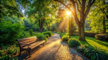 Serene Park Alley With a Wooden Bench Surrounded by Lush Greenery and Sunlight Filtering Through the Trees, Captured from a Drone's Perspective for Nature Lovers