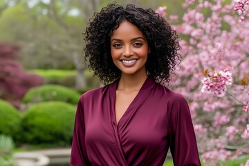 An African woman in burgundy blouse enjoys a peaceful walk in a spring garden, with pink cherry trees in full bloom. Copy space.