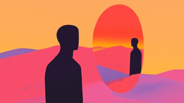 A surreal illustration depicting an enchanted mirror reflecting a parallel world, with mysterious figures emerging from the other side.