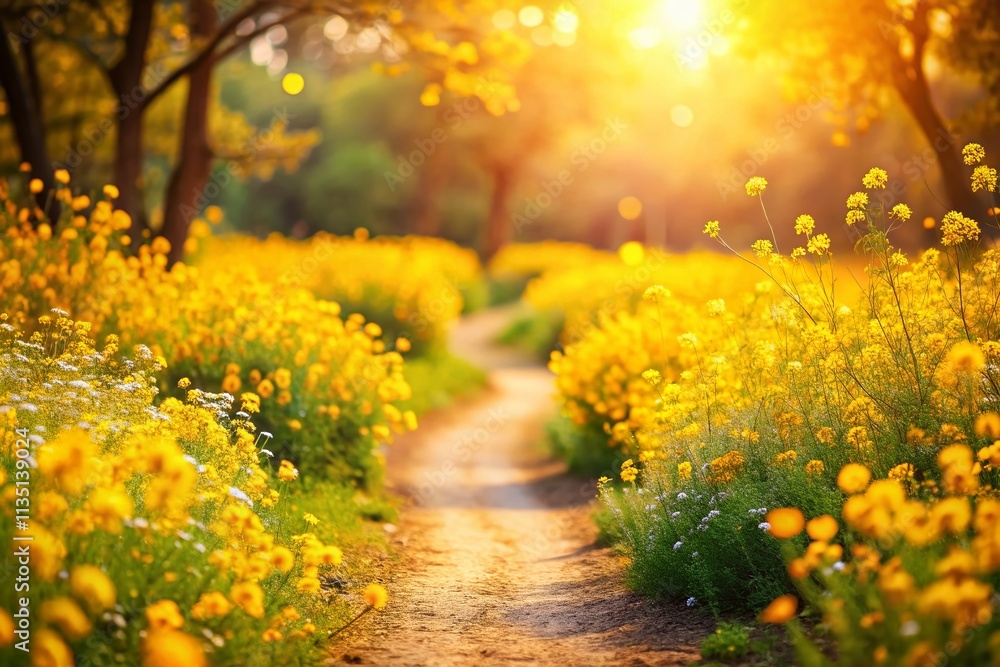 Poster serene pathway through vibrant yellow flower field with bokeh effect capturing the essence of nature