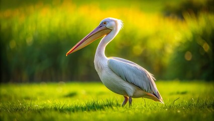 Fototapeta premium Serene Pelican on Lush Green Meadow - Capturing the Essence of Pelecanus Onocrotalus in a Minimalist Setting with Nature's Beauty and Calmness