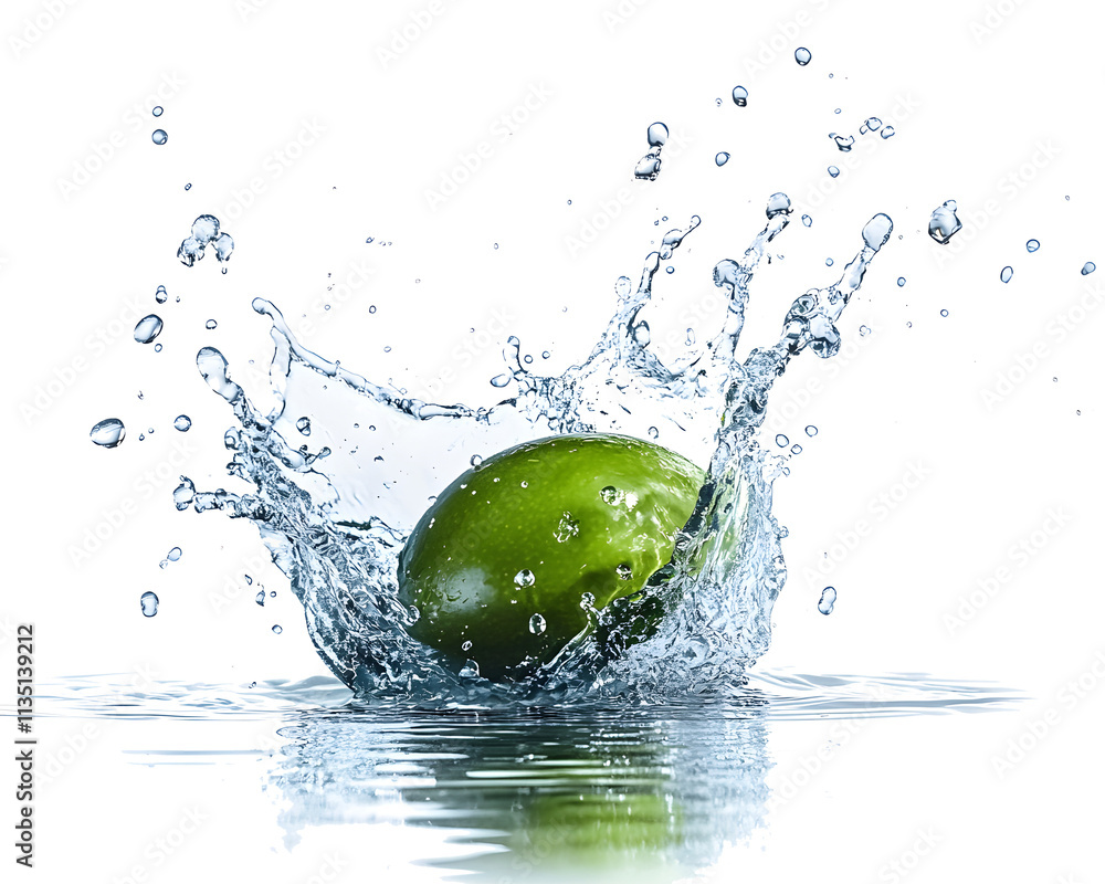 Poster fresh green lime splashing into clear water, creating dynamic droplets on a white background.