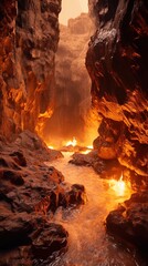 A dramatic narrow canyon scene illuminated by glowing lava flows. The rocky walls exhibit jagged textures and shades of dark brown and black, creating a stark contrast with the vibrant orange and yell