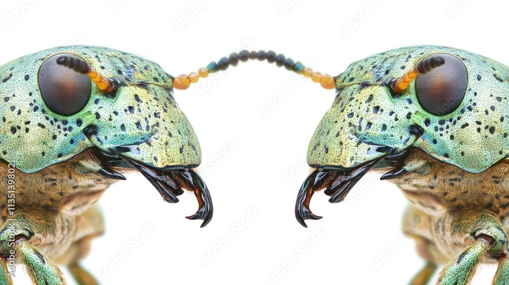 Poster Close-up of two colorful beetles facing each other, showcasing intricate details and textures.