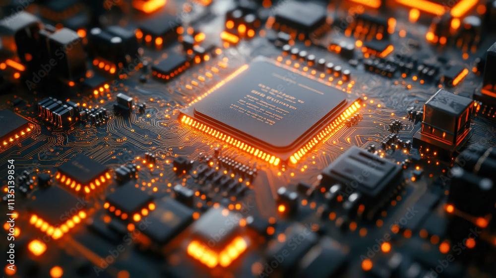 Poster high-tech circuit board glowing with orange lights, showcasing intricate details of microchips and p