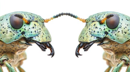 Fototapeta premium Close-up of two colorful beetles facing each other, showcasing intricate details and textures.
