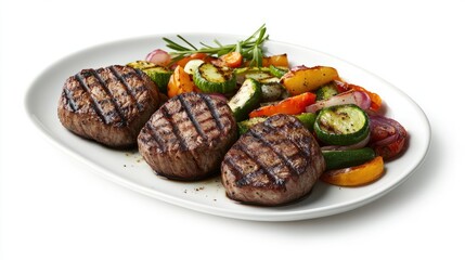 Obraz premium Food styling and restaurant meal serving. Grilled tenderloin medallions with vegetables