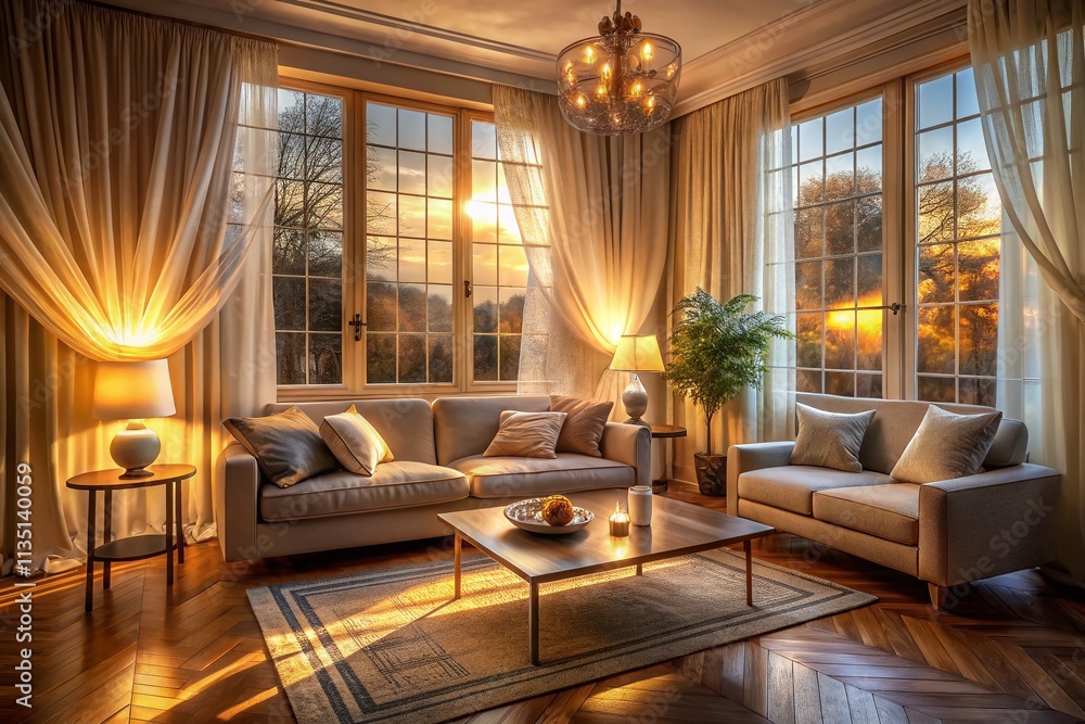 Poster serene room with a window showcasing long exposure light trails and soft textures, evoking calmness 